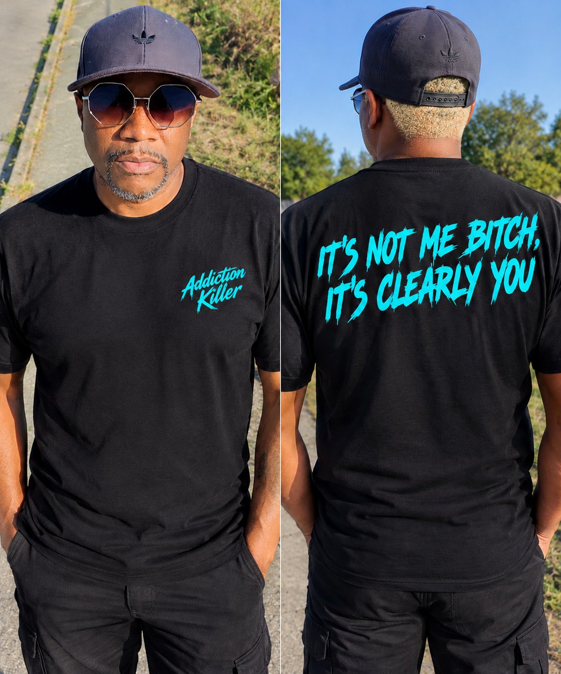 It's Not Me Black Tee - front and back views
