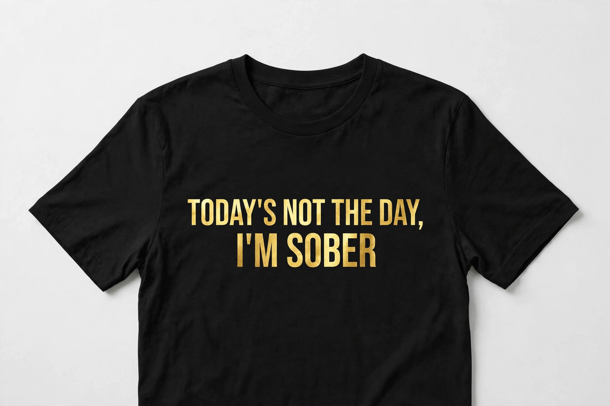 Black tee with gold 'Today's Not the Day, I'm Sober' lettering on the front