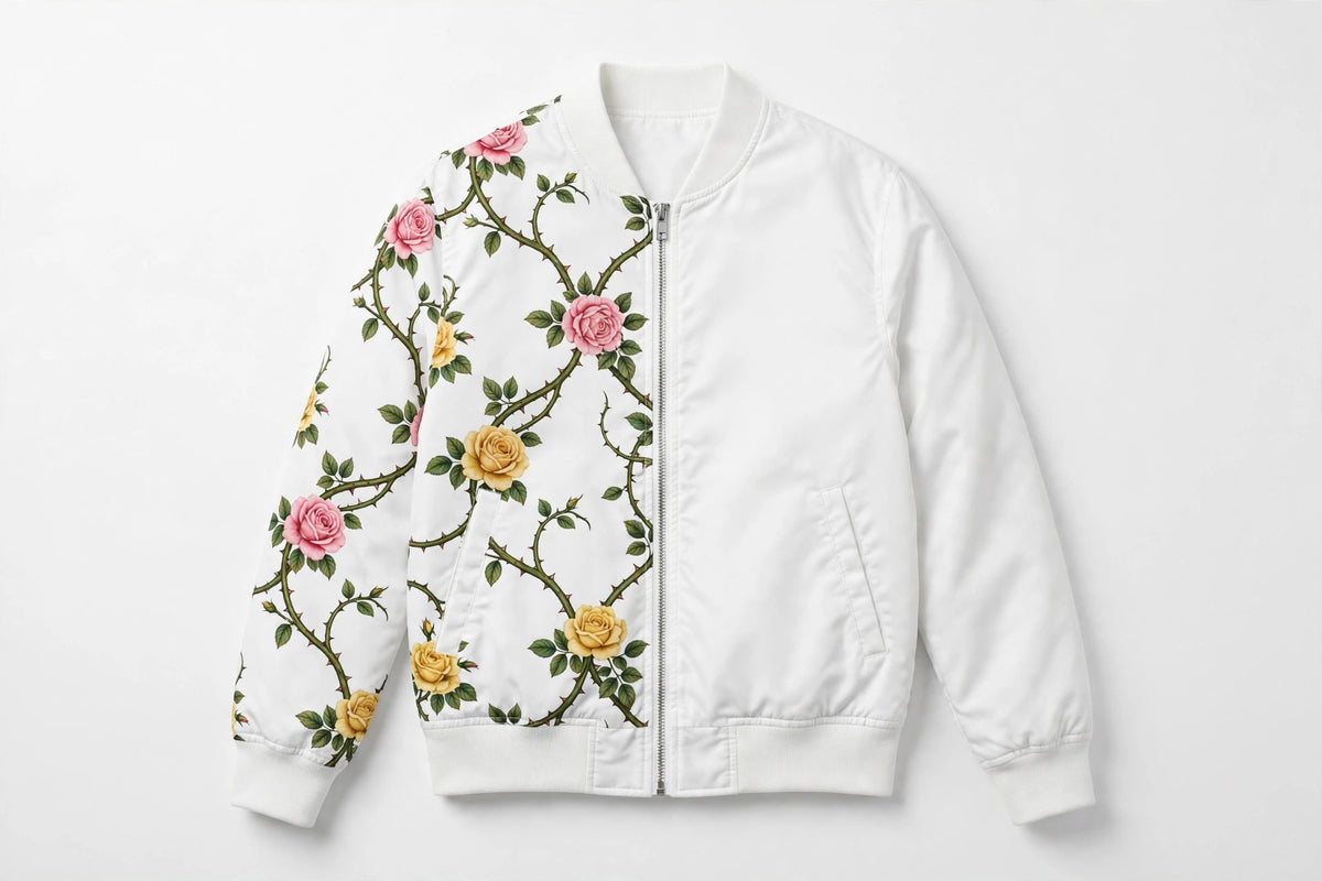 White unisex bomber jacket with pink and yellow roses and thorny green vines on the left side