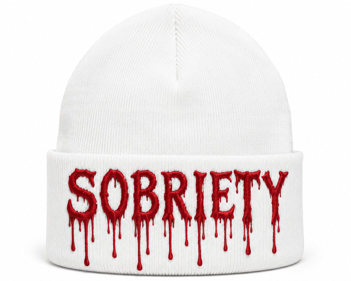 Sobriety Drip Beanie - white knit beanie with red dripping SOBRIETY embroidery